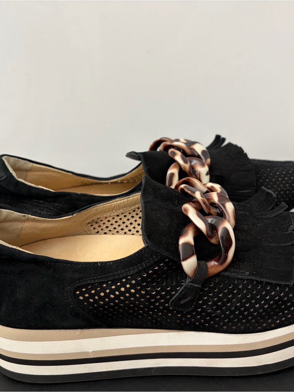 Black Suede Slip-On Loafers with Tortoiseshell Chain Accent